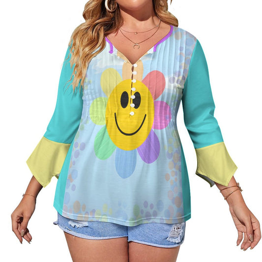 Flower Power V-neck Women Top with Quarter Sleeve