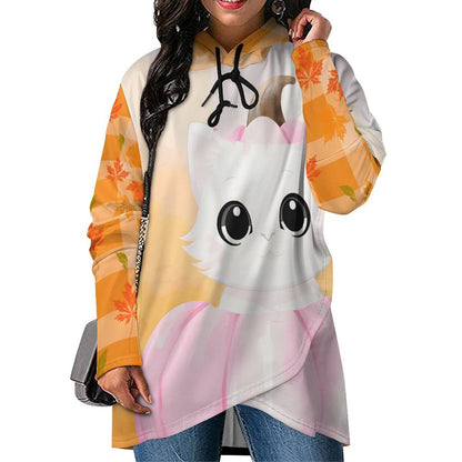 Pumpkitty Poncho-style Long Sleeve Women Hoodie with Irregular Hem