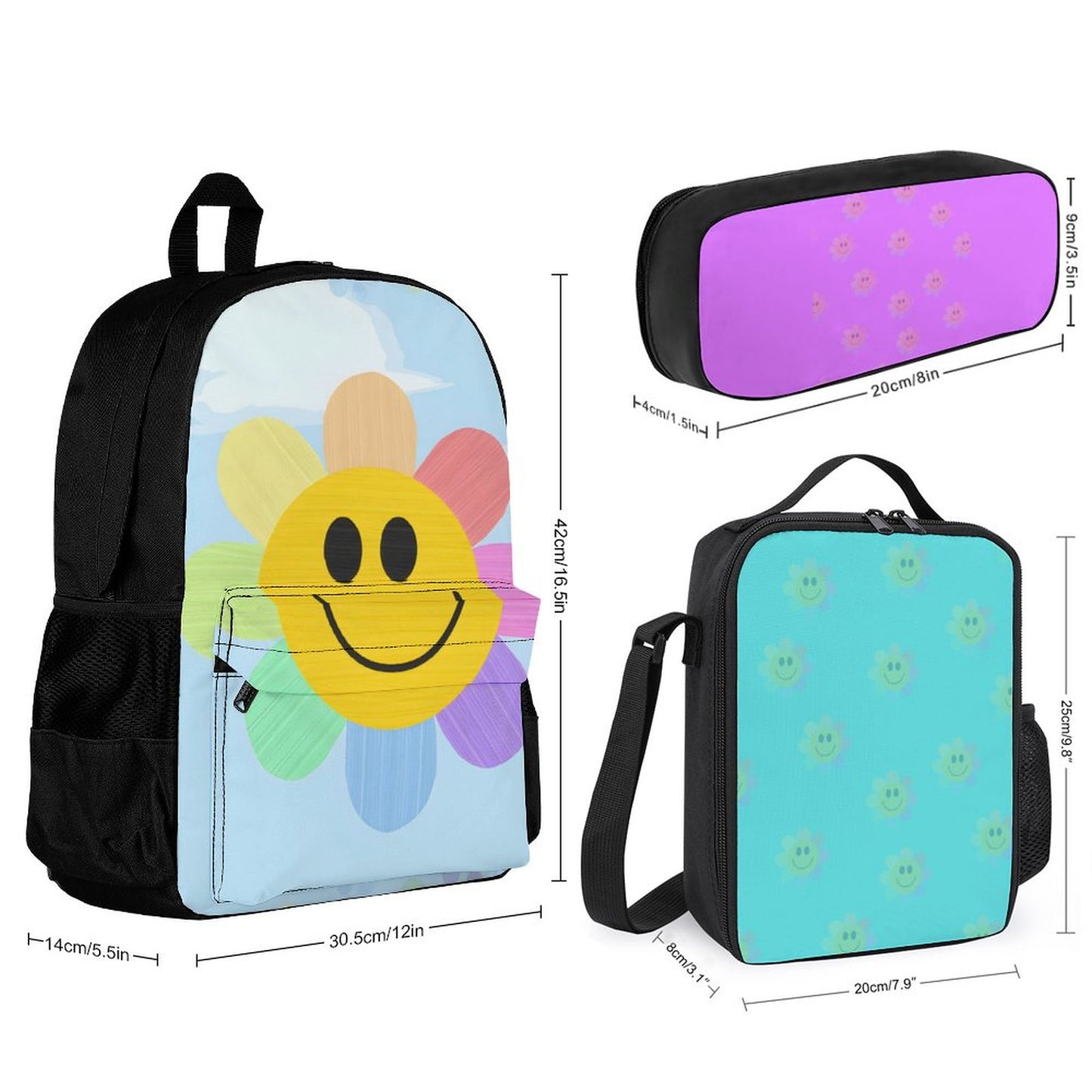 Flower Power Set of 3 Bags (Shoulder Bag Lunch Bag & Pencil Pouch)