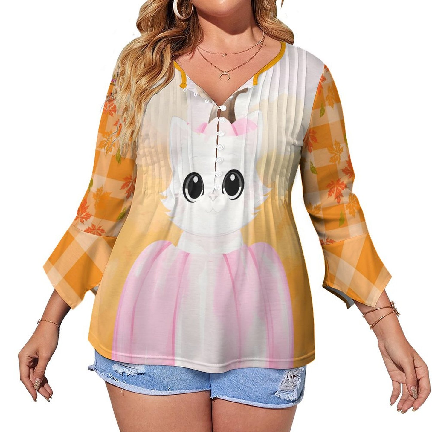 Pumpkitty V-neck Women's Top with Quarter Sleeve